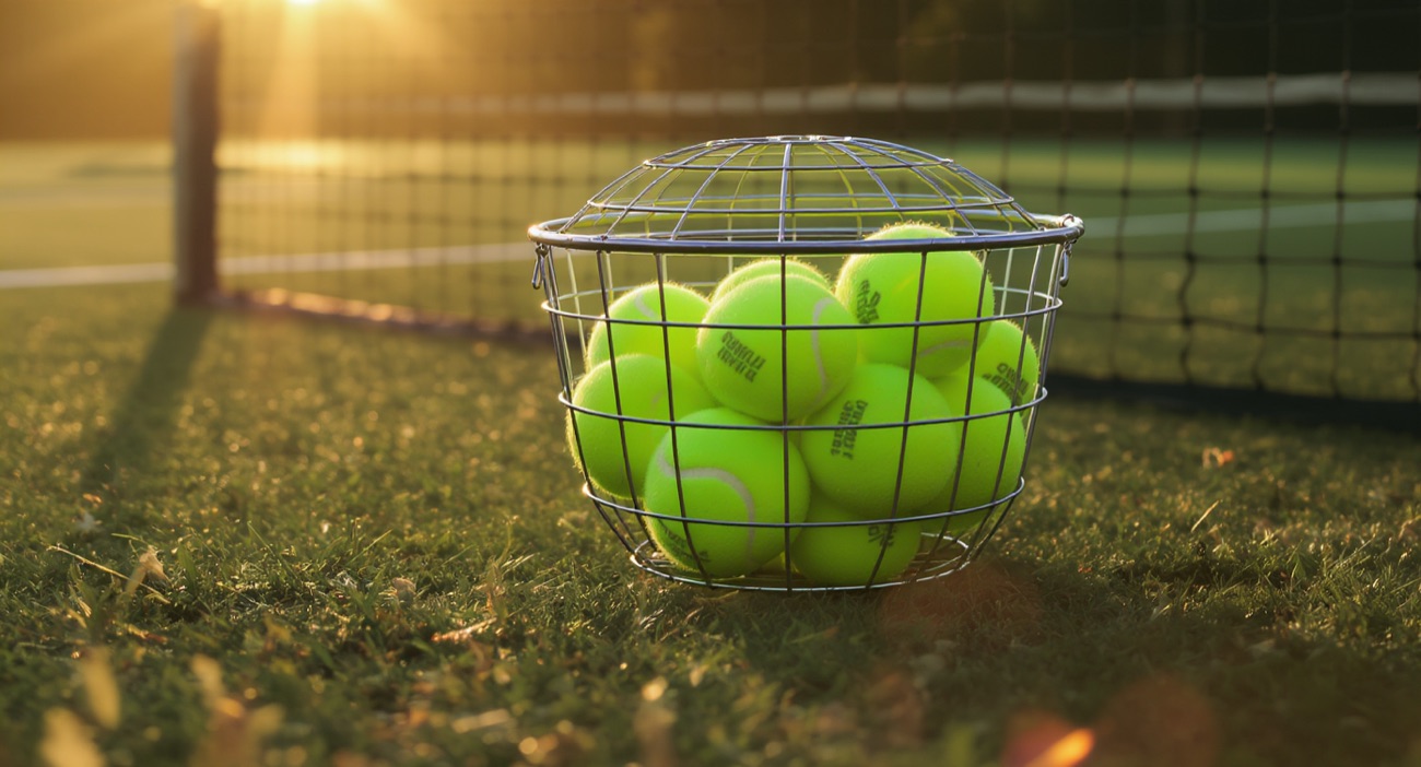 A racket and tennis ball on the court
