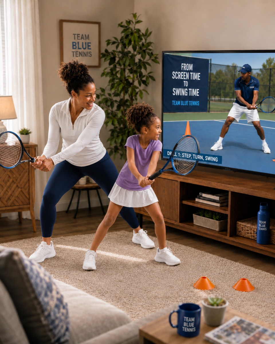 A mom and her daughter playing tennis together at home, following a Team Blue lesson on the TV