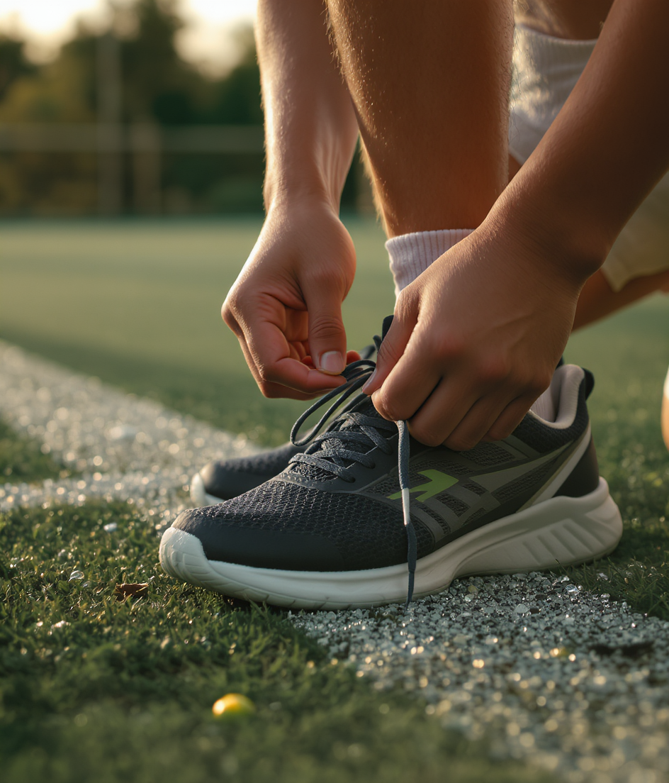A young athlete getting ready to play at the edge of a court
